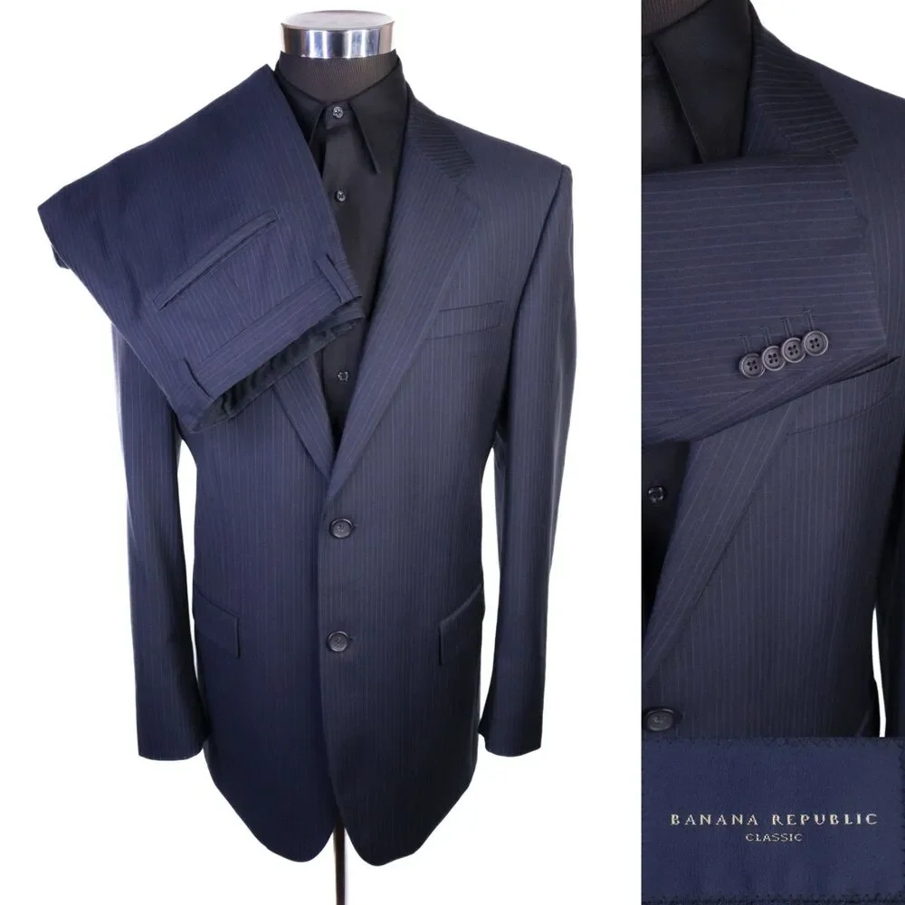 Banana Republic 2-Pcs Stripped Blue Classic Wool Suit Jacket Sz 42R Pants 36X30